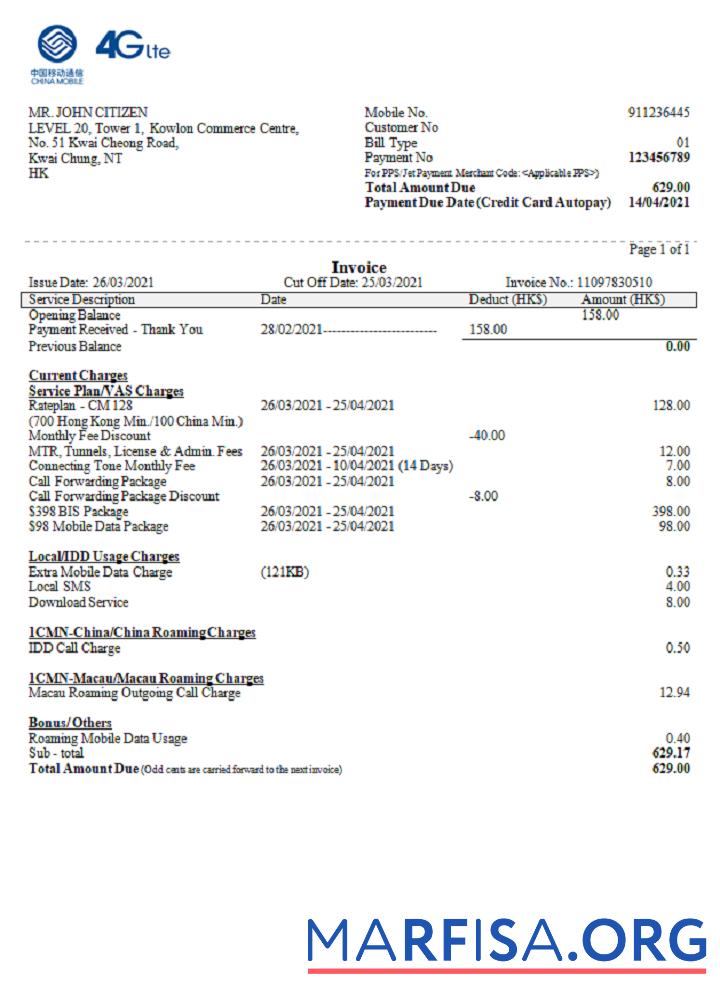 Realistic China Mobile Limited payment invoice download for verification